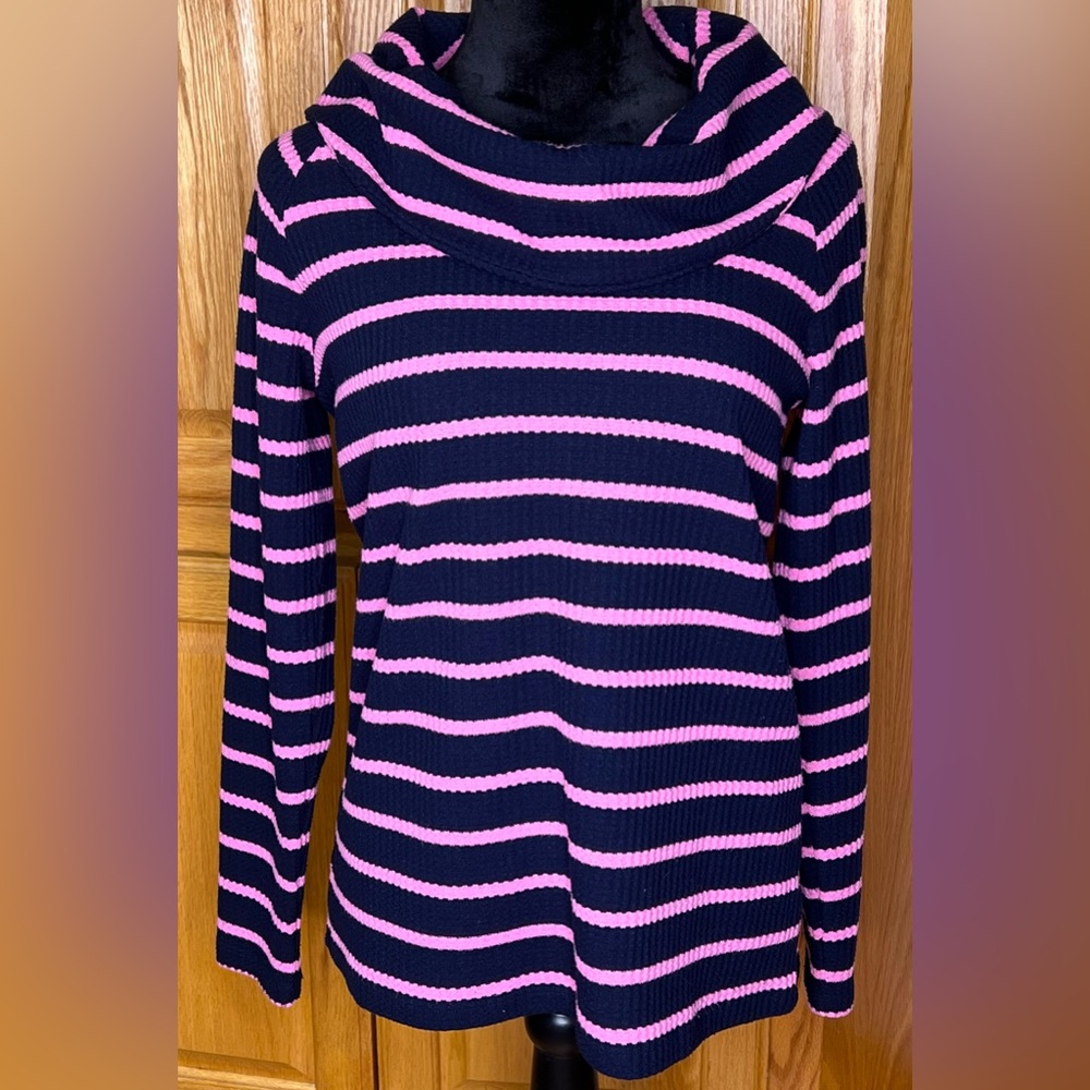 Talbots Raglan Waffle Knit Cowl Neck Long Sleeve Stripe Sweater Top Tee Sz Small - Picture 2 of 10